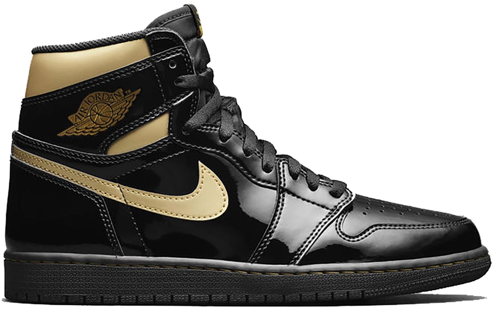Nike Jordan 1 Retro High Black Metallic Gold, черно-золотые, лакированная кожа, мужские, женские