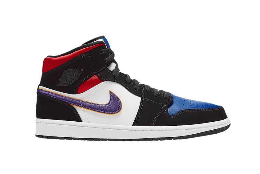 Nike Air Jordan 1 Mid se Lakers Top 3, черно-бело-синие с красным, кожа, нубук, зимние